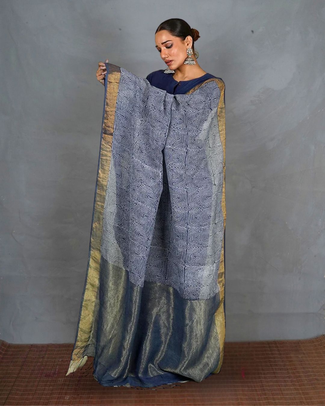 Sanjh Tarini Blue Handblock Print Linen Saree - INDI