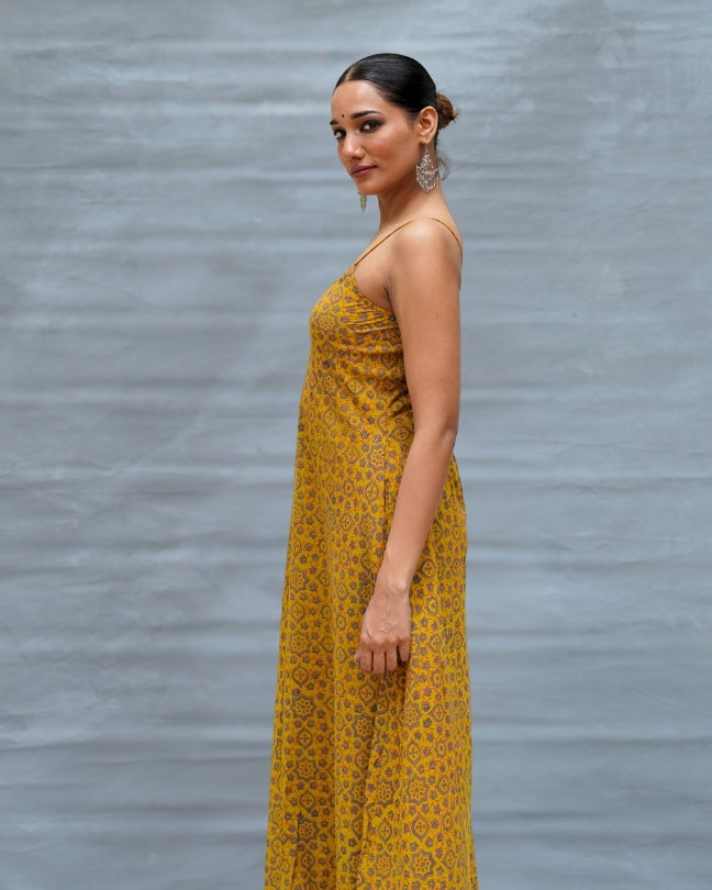 Worm Moon Yellow Handblock Print Cotton Dress - MNCH