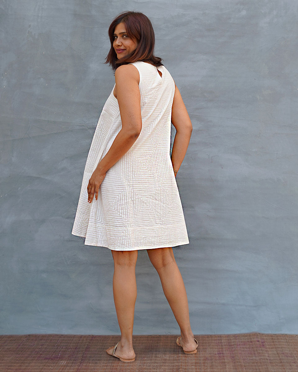 Drifting Away White Handblock Print Cotton Dress - Safed