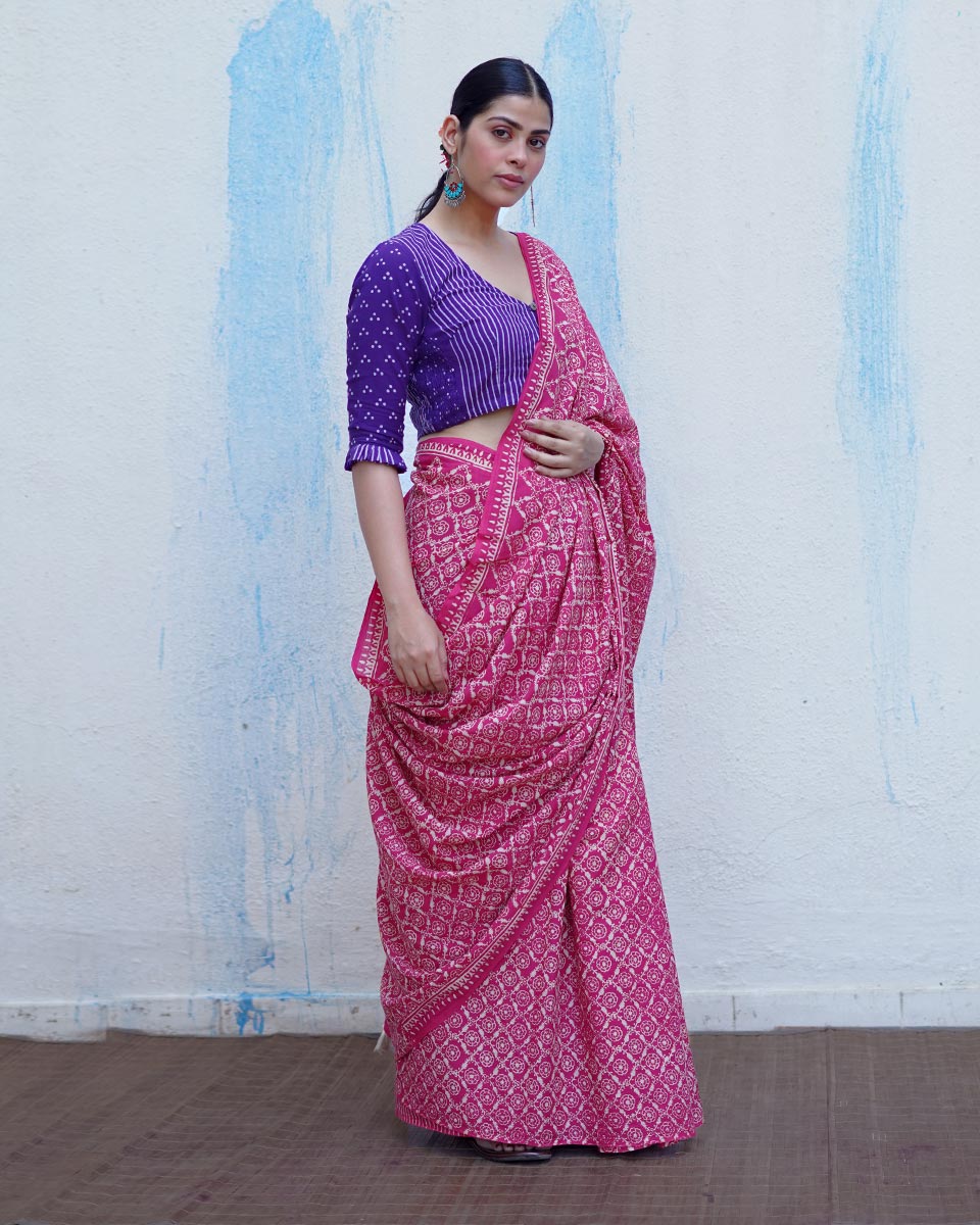 Phulpari Pink Handblock Print Cotton Saree - BFG