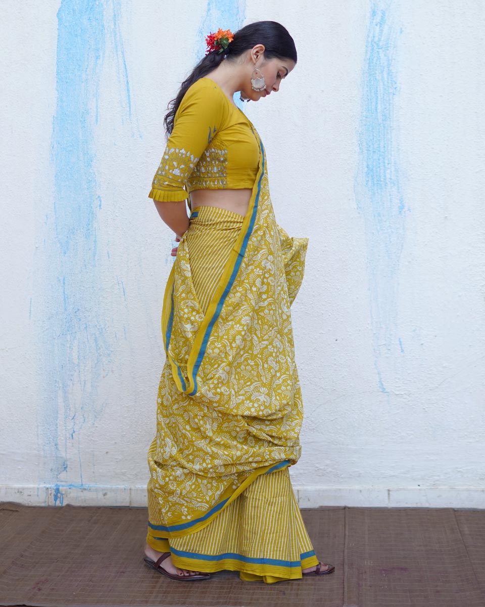 Pakhi Yellow Handblock Print Cotton Saree - BFG