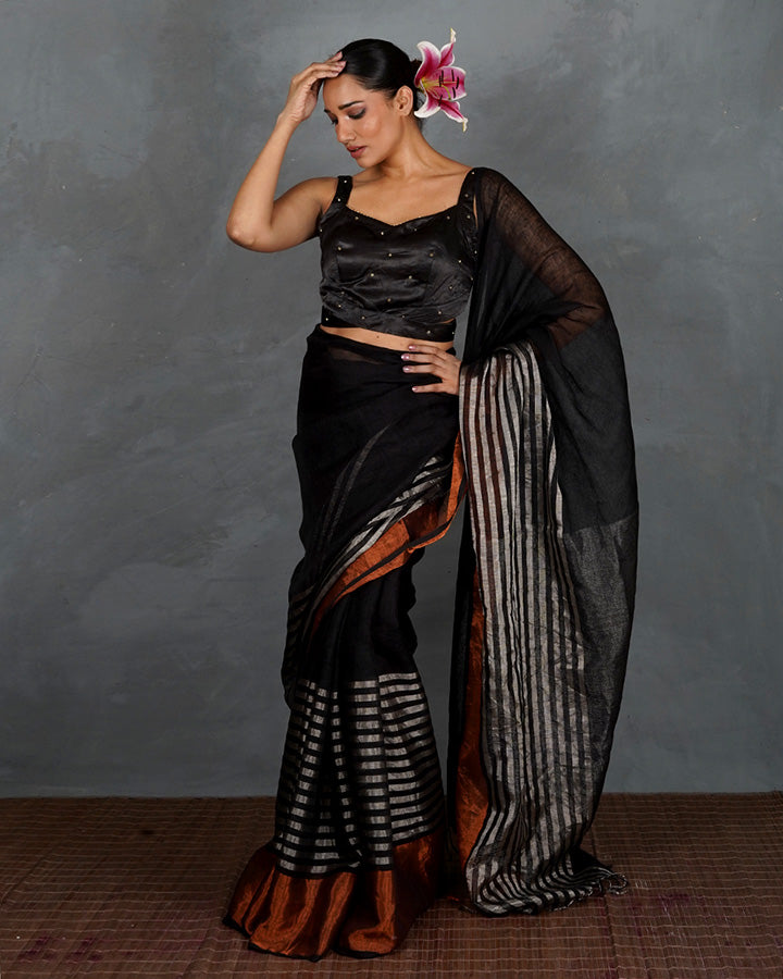 Follow Dawn Black Handwoven Linen Saree - TARA
