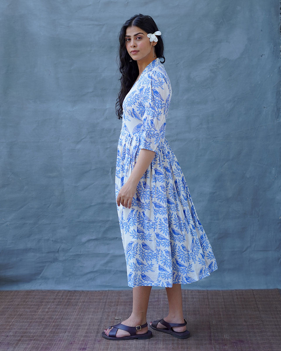 Neyra Ivory Blue Hand Block Printed Dress-BAD