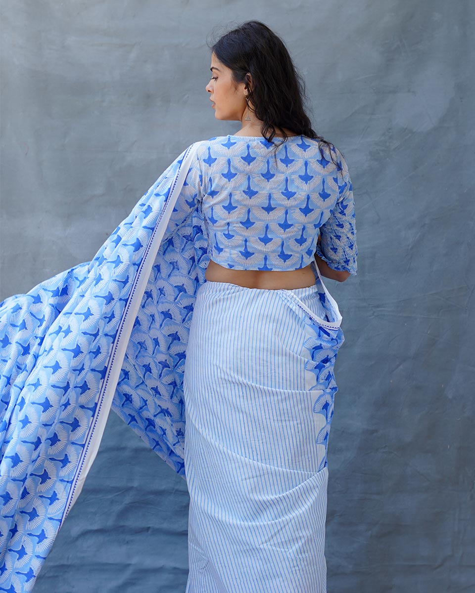 Maya Blue Hand Block Printed Saree-BAD