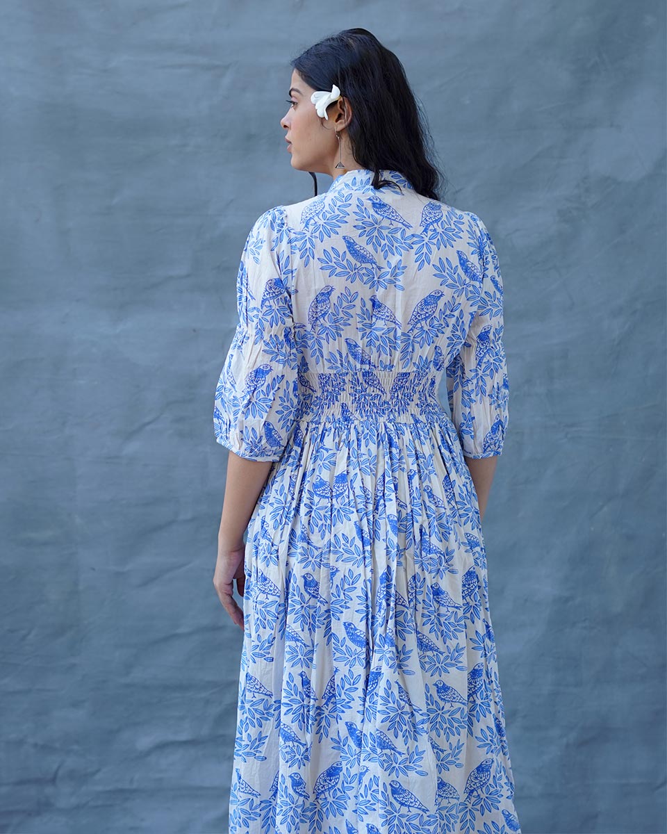 Neyra Ivory Blue Hand Block Printed Dress-BAD