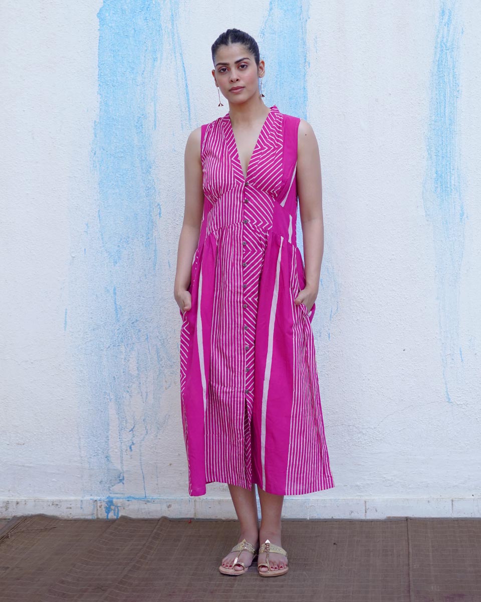 Chulbuli Pink Handblock Print Cotton Dress - BFG