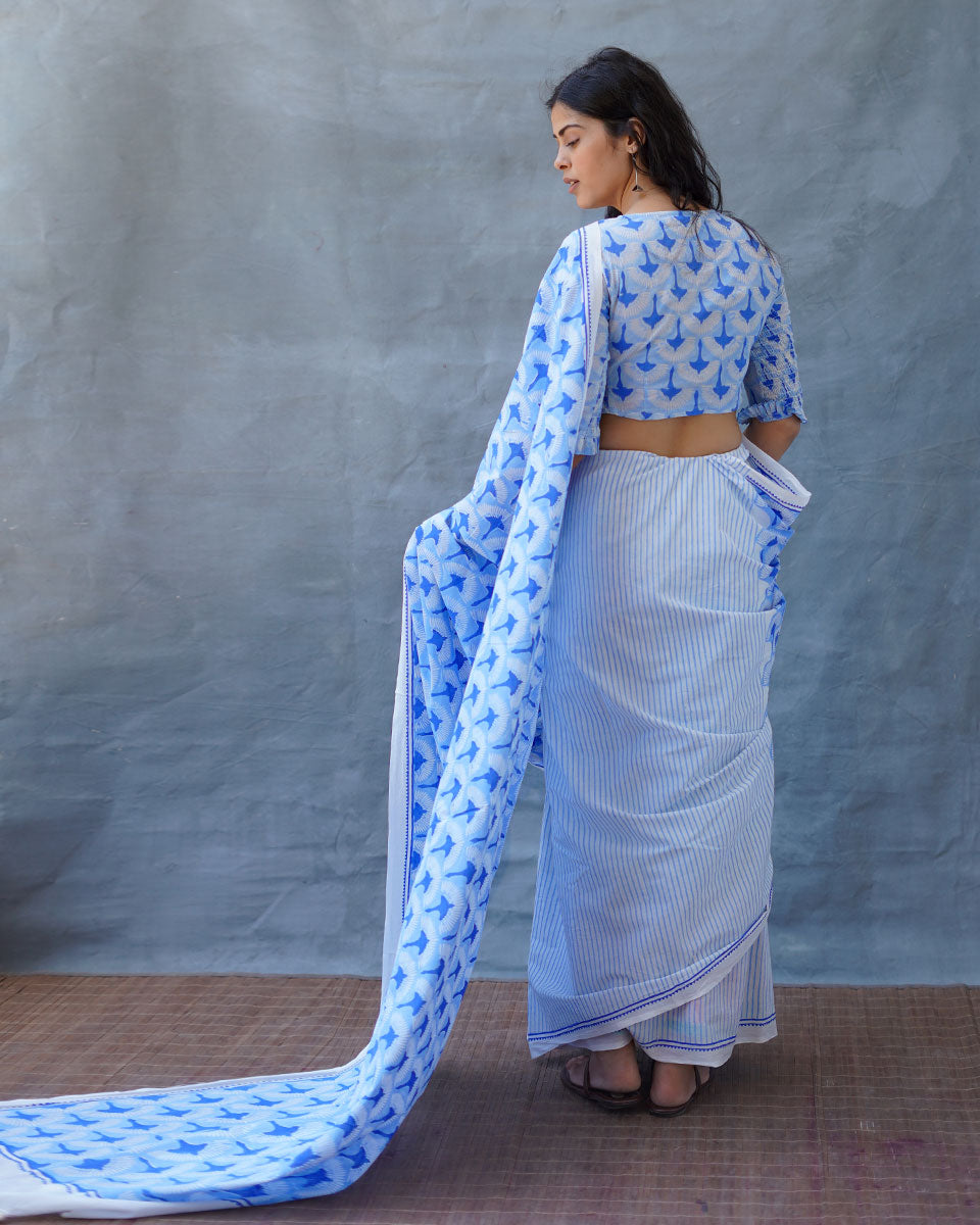 Maya Blue Hand Block Printed Saree-BAD