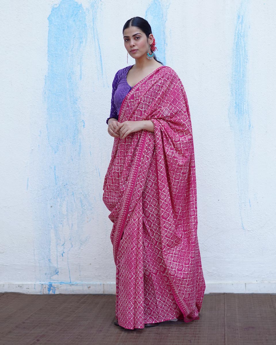 Phulpari Pink Handblock Print Cotton Saree - BFG