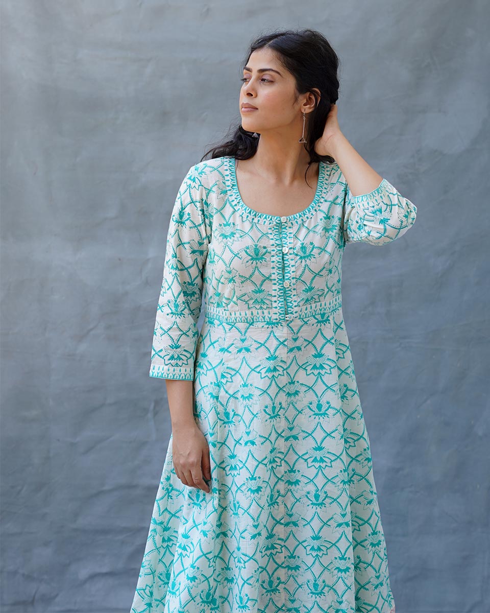 Chamomileâ€™s Calm Teal Green Block Printed Cotton Dress - MMG