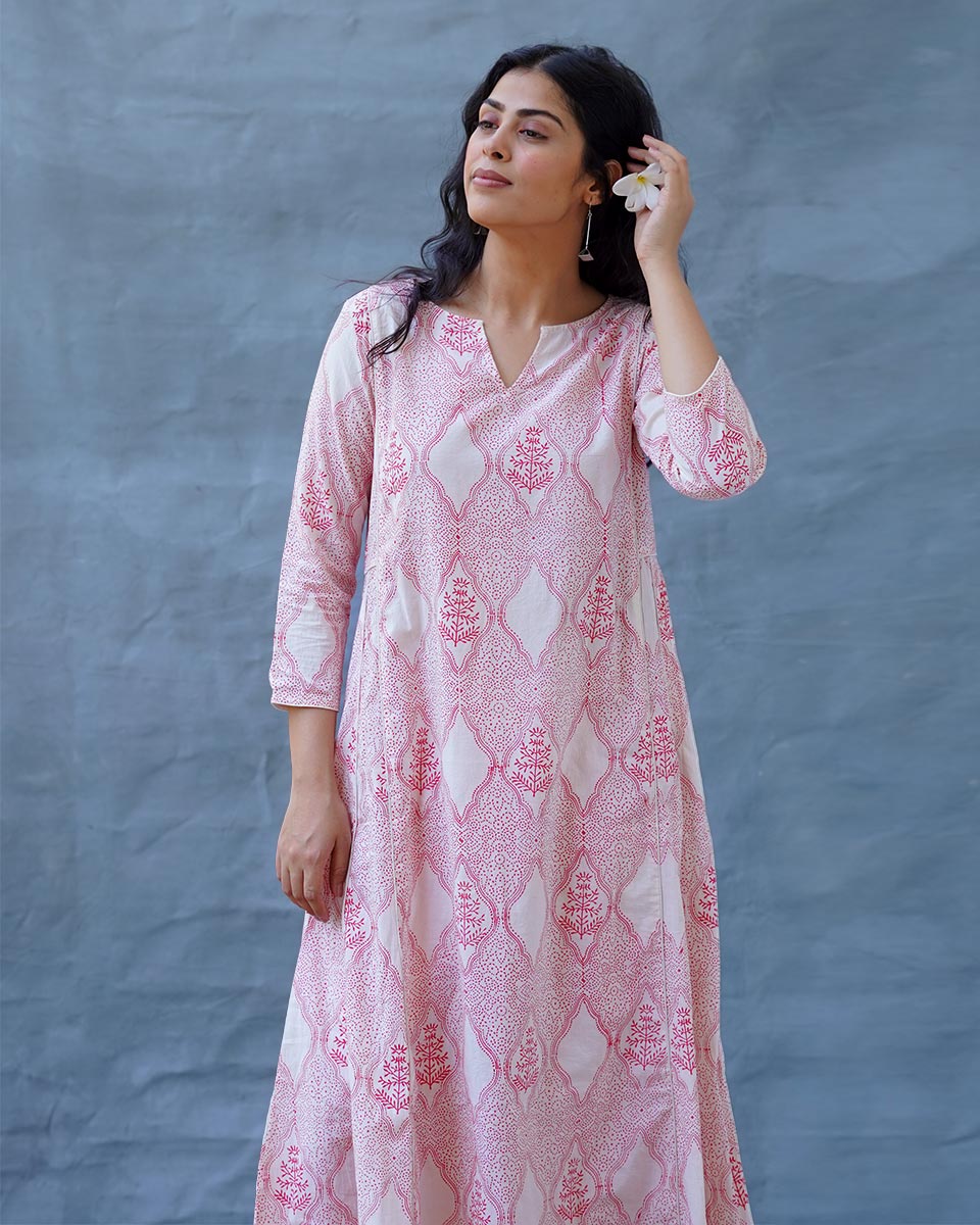 Sunflowerâ€™s Sheen Blush Pink Block printed Kurti - MMG