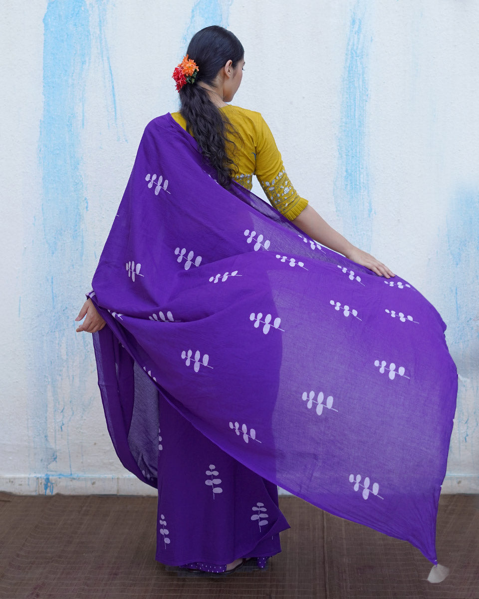 Kuhu Purple Handblock Print Cotton Saree - BFG