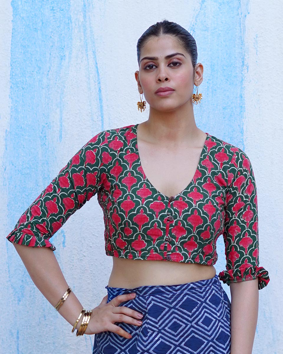 Nowhere To Be Green Hand Block Printed Cotton Blouse - UMT