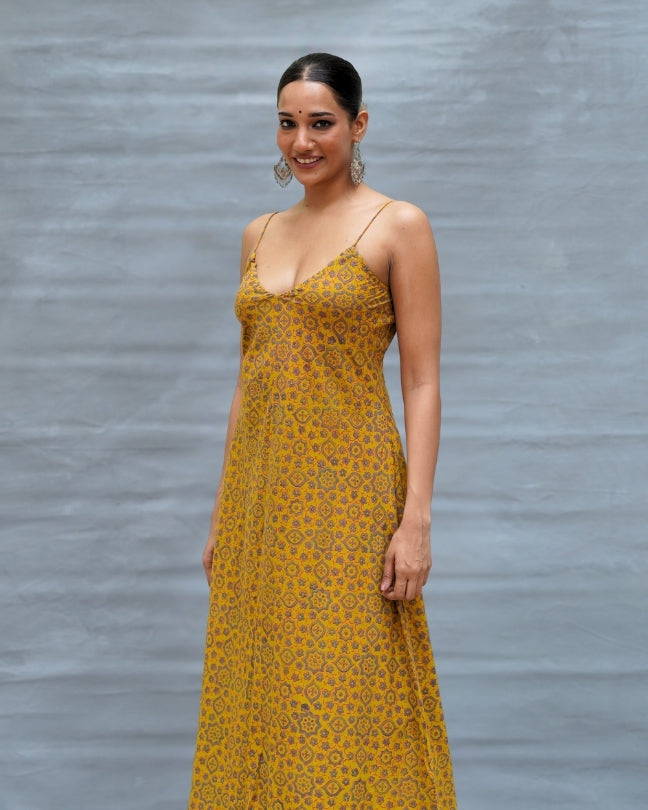 Worm Moon Yellow Handblock Print Cotton Dress - MNCH