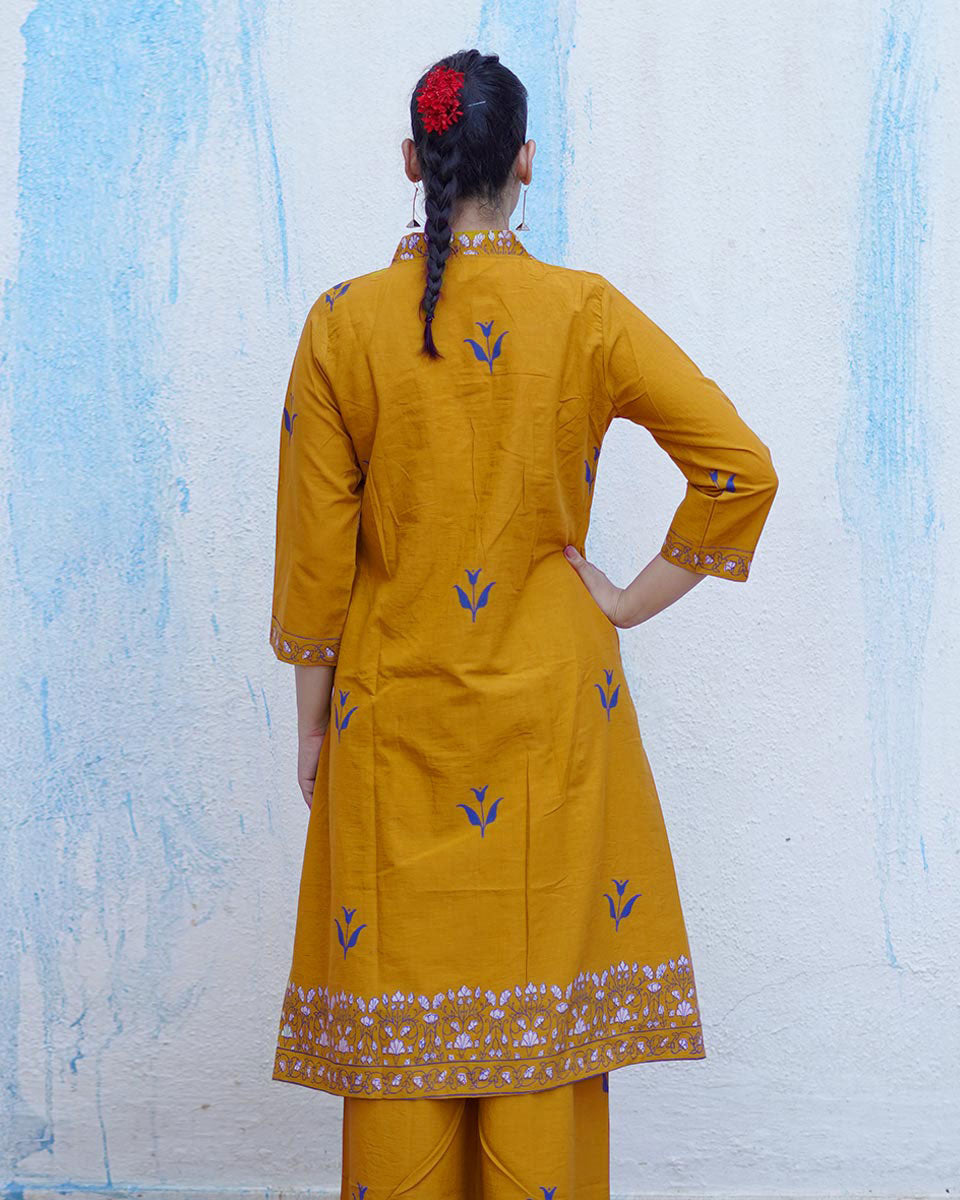 Rangeeli Mustard Yellow Handblock Print Cotton Kurta Set - BFG