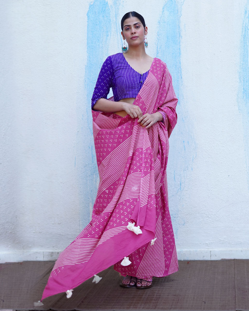 Patang Pink Handblock Print Cotton Saree - BFG