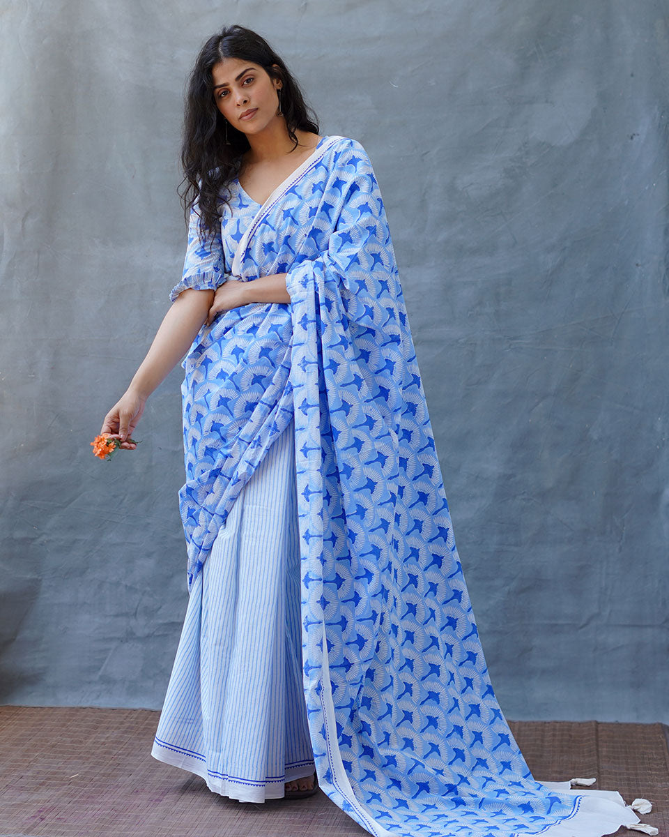 Maya Blue Hand Block Printed Saree-BAD