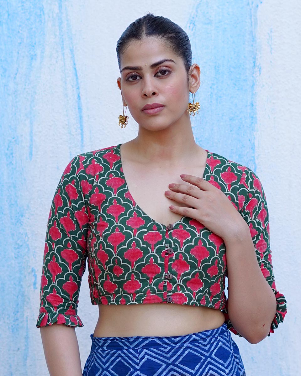 Nowhere To Be Green Hand Block Printed Cotton Blouse - UMT