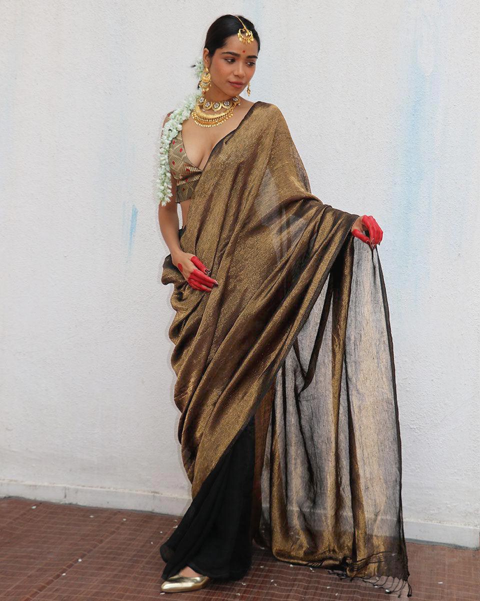 Mrinal Brown Handwoven Linen Zari Saree