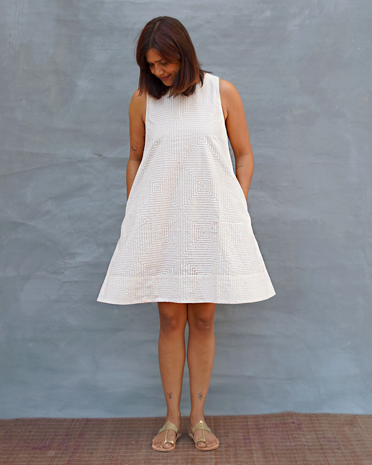 Drifting Away White Handblock Print Cotton Dress - Safed