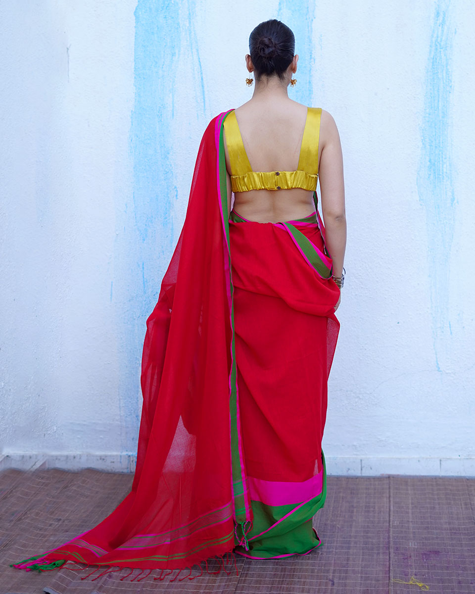 Eos Red With Green Handwoven Cotton Saree - NTC