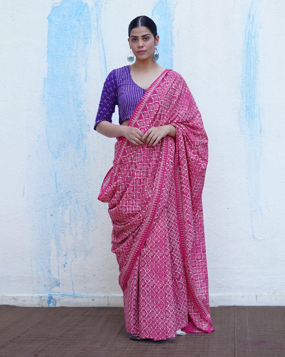 Phulpari Pink Handblock Print Cotton Saree - BFG