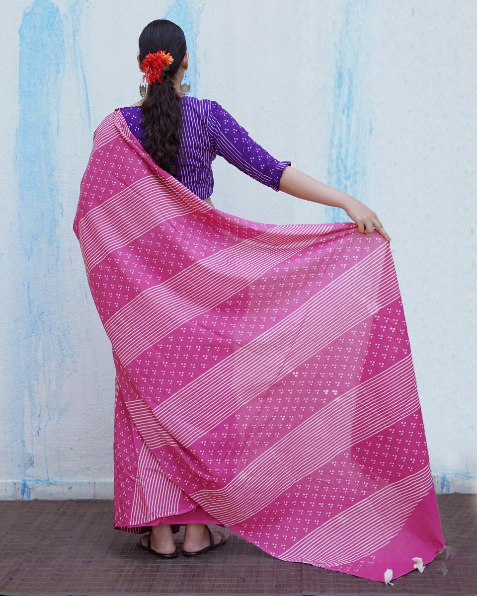 Patang Pink Handblock Print Cotton Saree - BFG