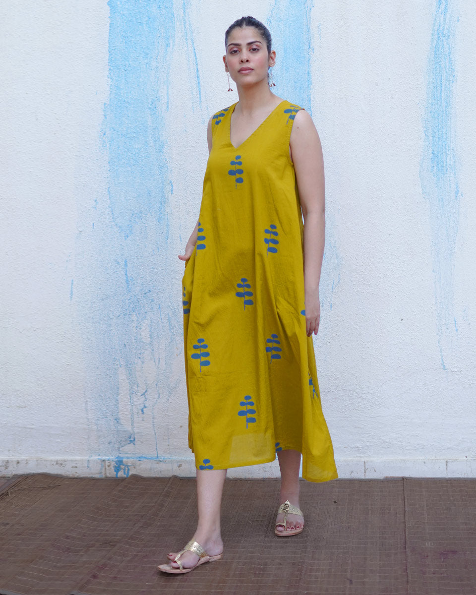 Natkhat Mustard Yellow Handblock Print Cotton Dress - BFG