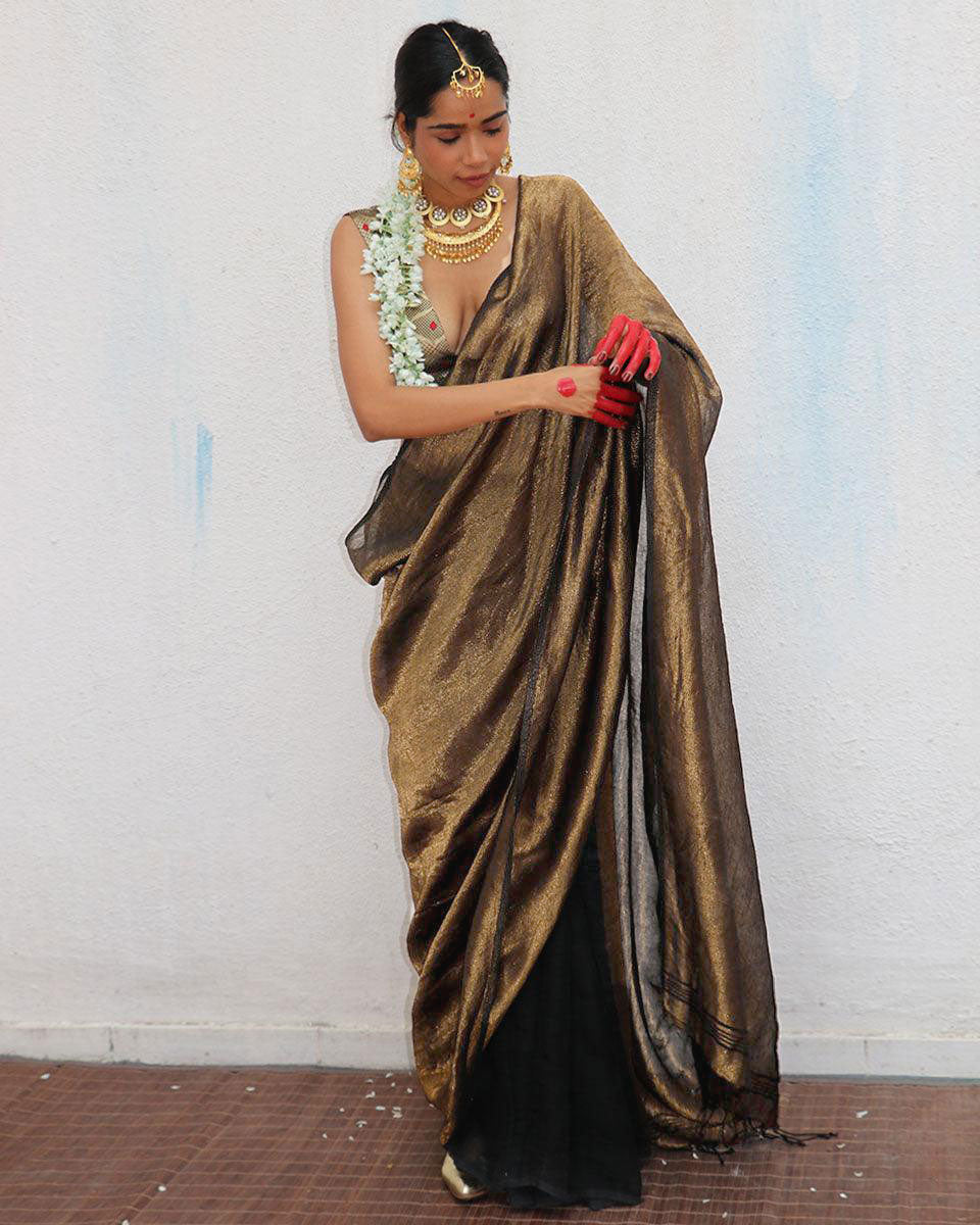 Mrinal Brown Handwoven Linen Zari Saree