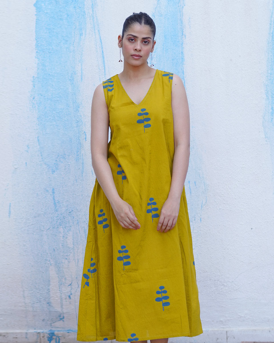Natkhat Mustard Yellow Handblock Print Cotton Dress - BFG
