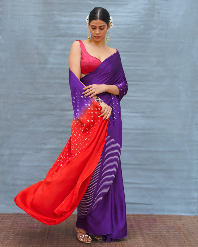 Still Current Purple Handblock Print Modal Silk Saree - Flow