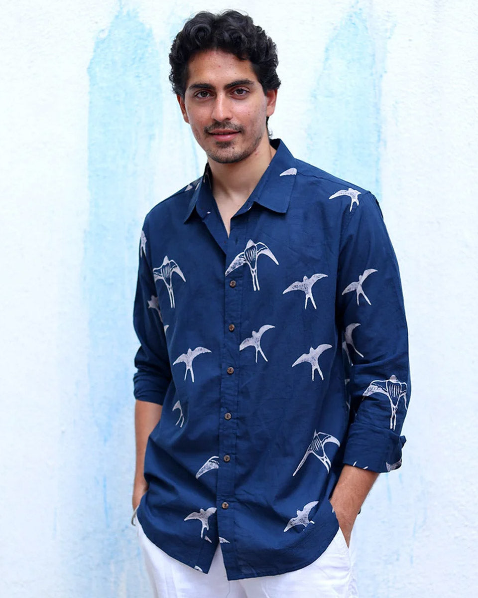 Abeer Blue Hand Block Print Cotton Shirt -TOF