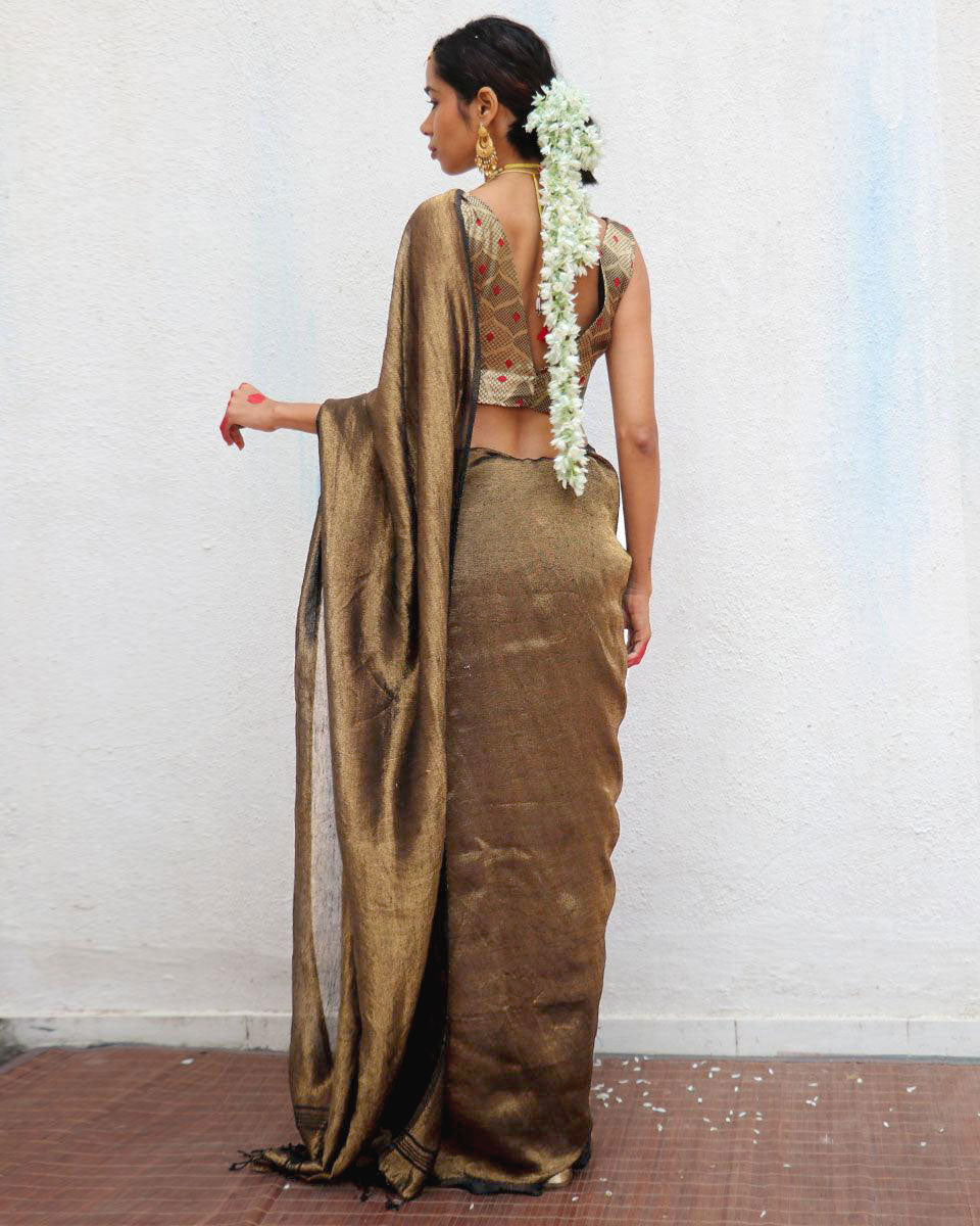 Mrinal Brown Handwoven Linen Zari Saree