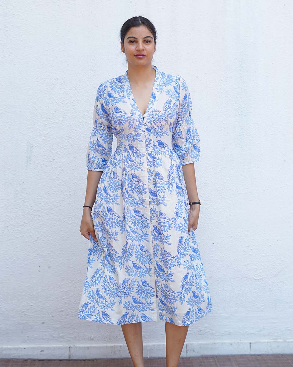 Neyra Ivory Blue Hand Block Printed Dress-BAD