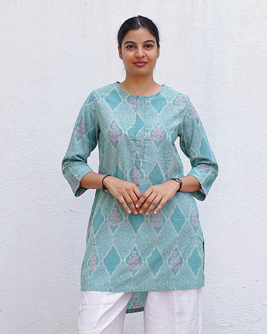 Tenderness of Tulips Teal Green Block Printed Kurti - MMG