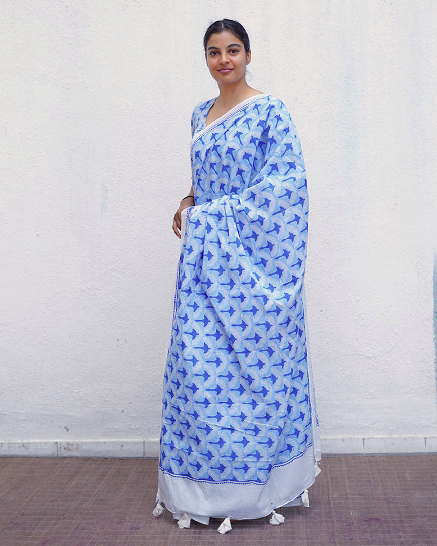 Maya Blue Hand Block Printed Saree-BAD