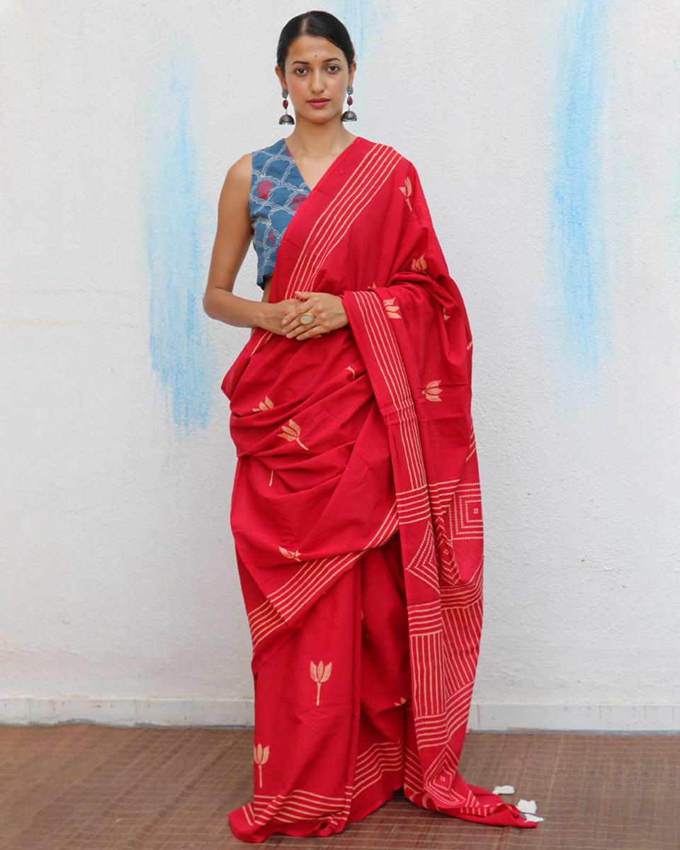 Crimson Handblockprinted Cotton Saree - Fmtm