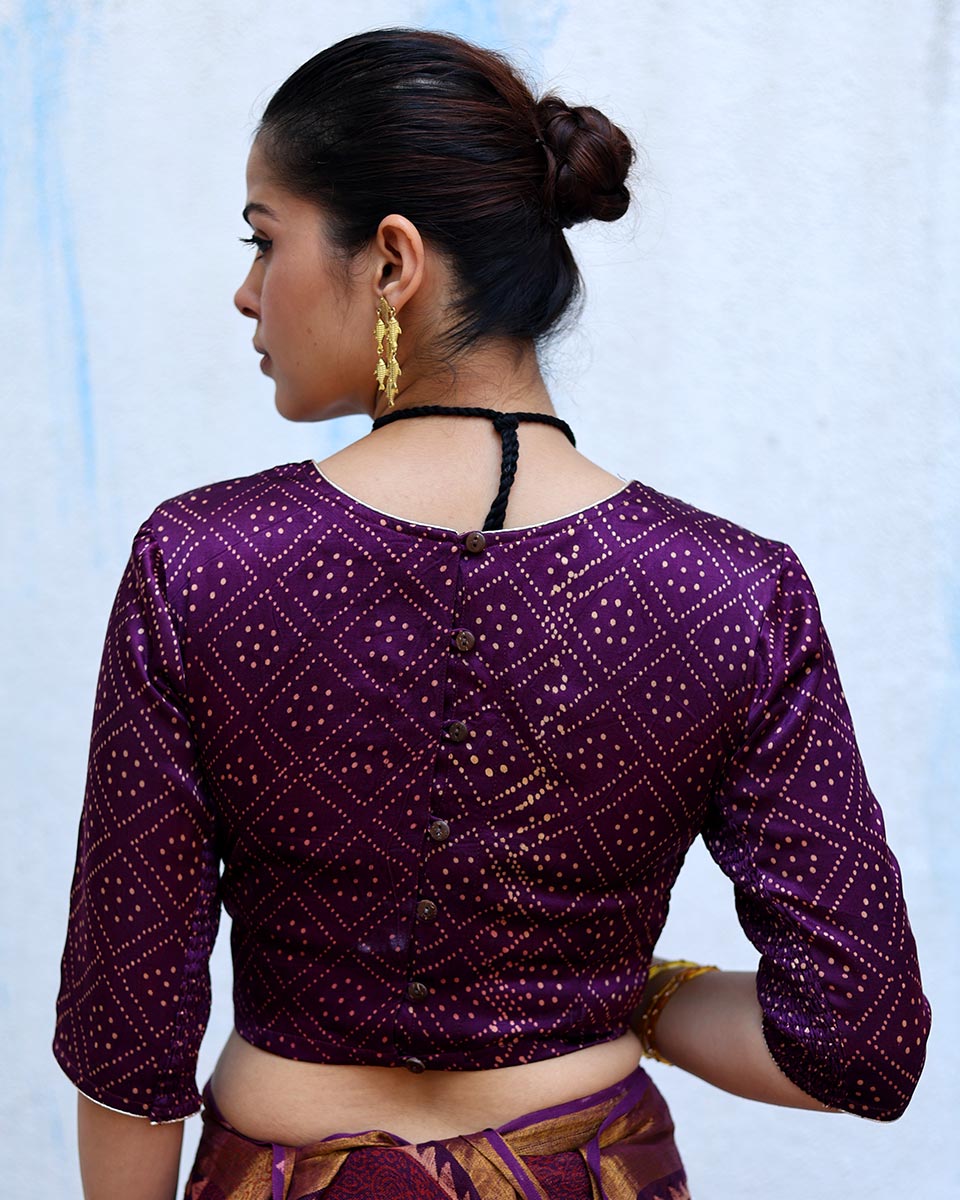Mahsa Purple Handblock Print Mashru Silk Blouse - RSH