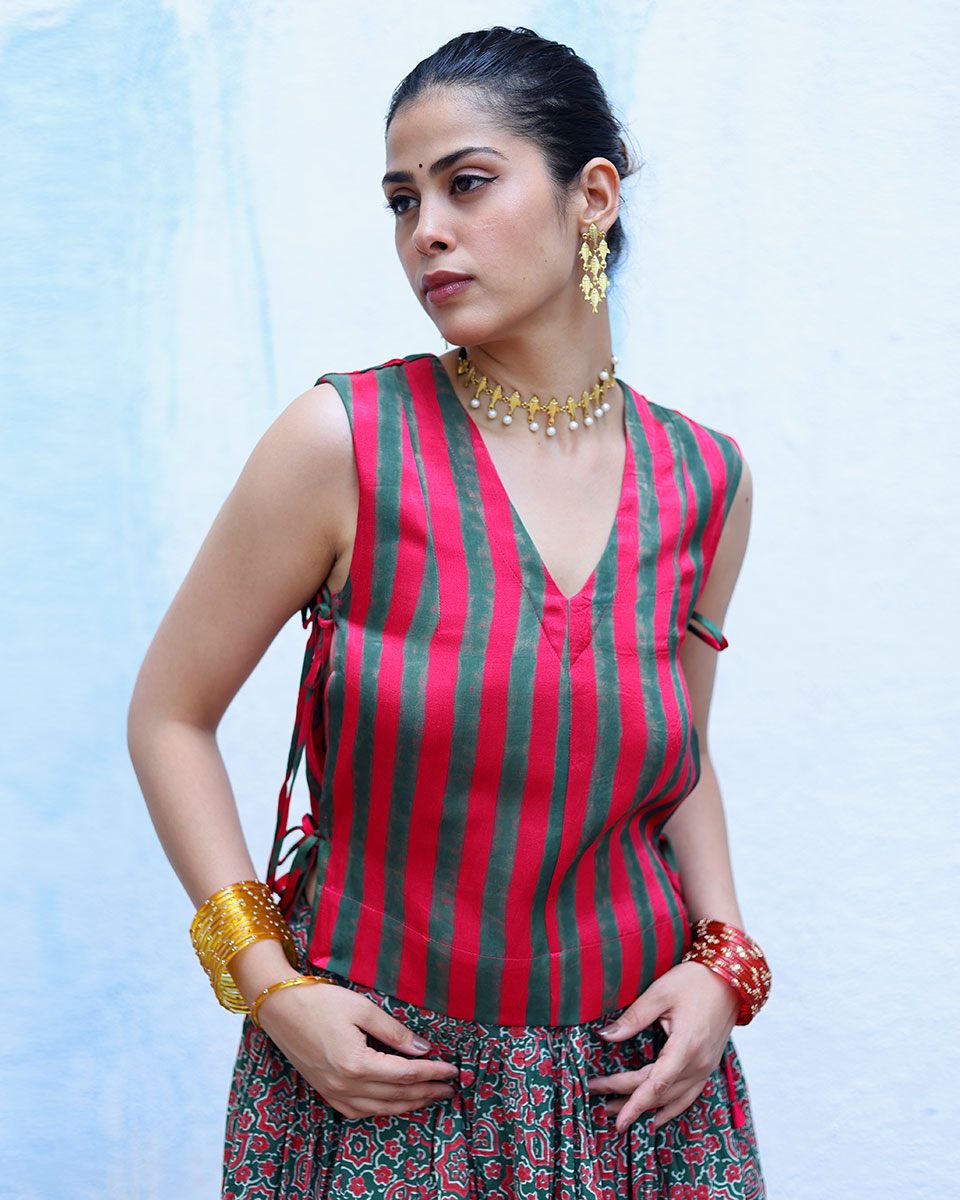 Ujvala Red With Green Handblock Print Mashru Silk Blouse - RSH