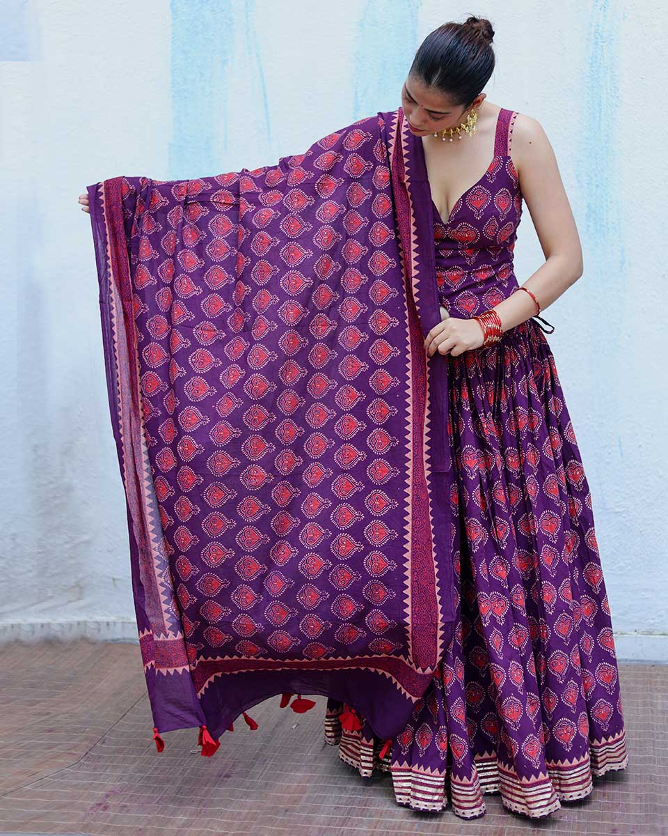 Chandrani Purple Handblock Print Cotton Dupatta - RSH