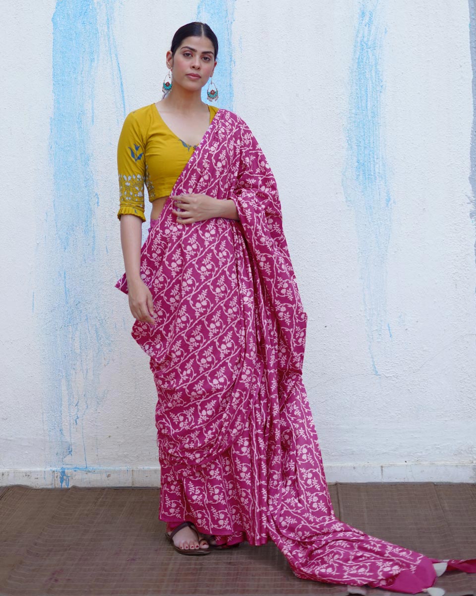 Gudiya Pink Handblock Print Cotton Saree - BFG