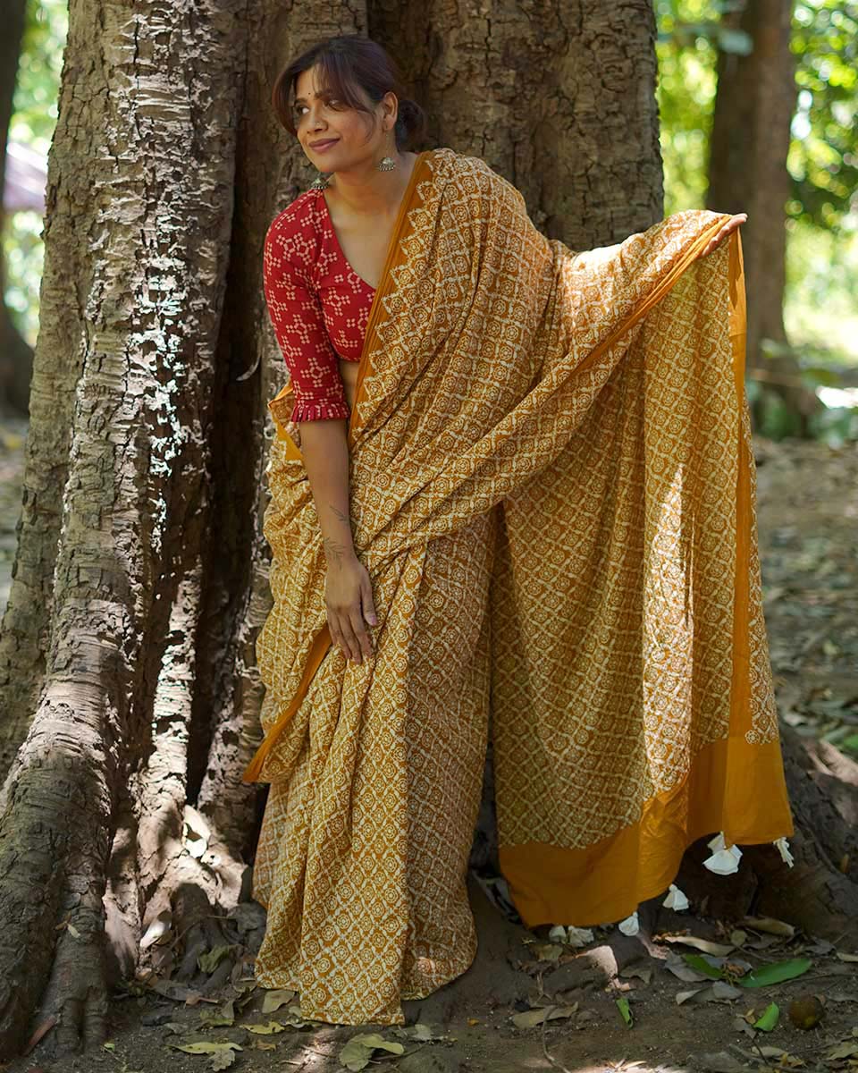 Under Open Skies Mustard Hand Block Printed Cotton Saree - UMT