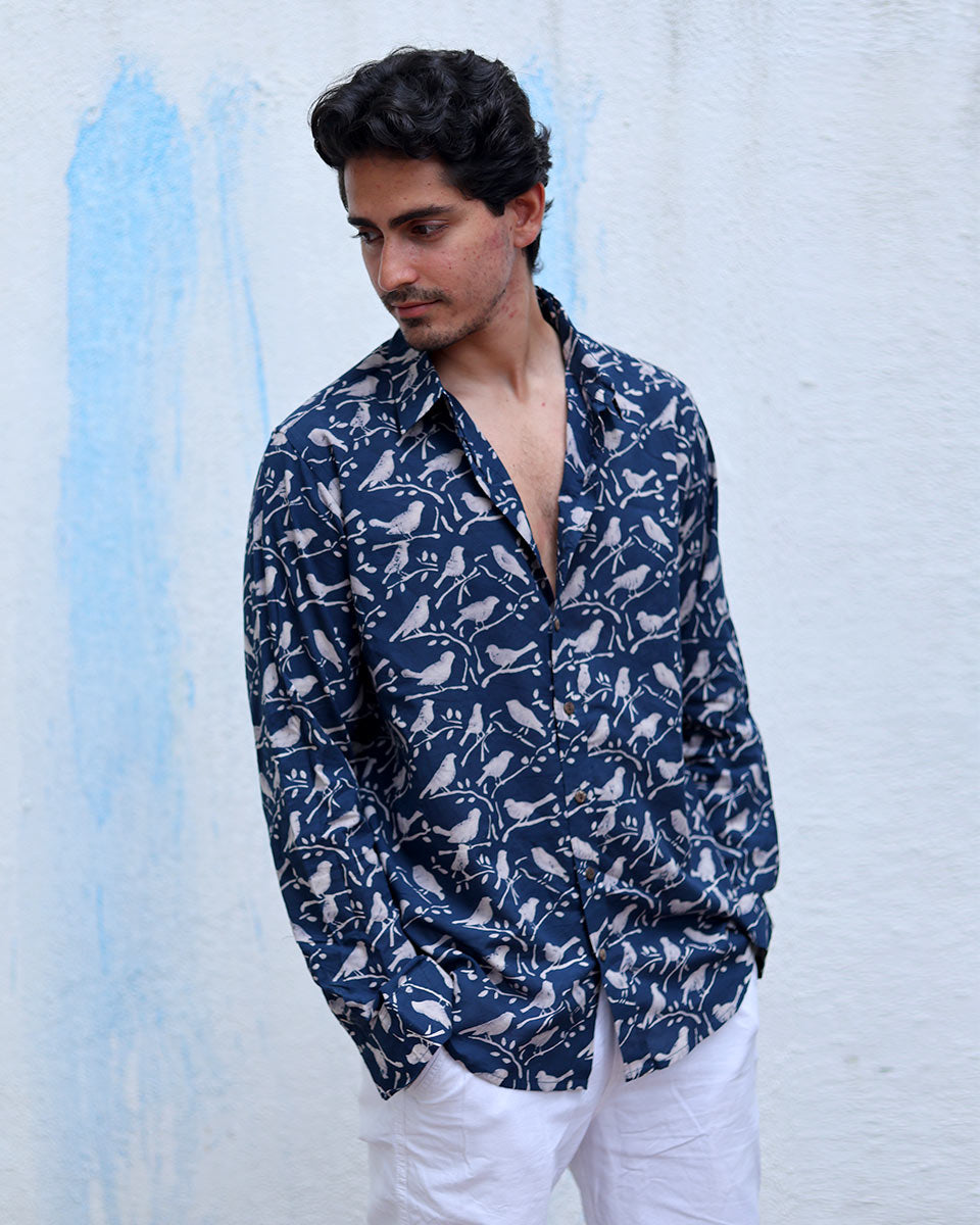 Swaraj Blue Hand Block Print Cotton Shirt - TOF
