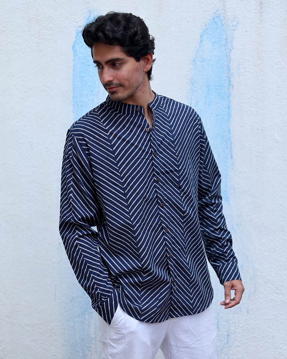 Aangan Blue Hand Block Print Cotton Shirt -TOF