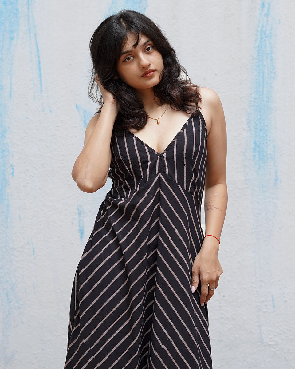 Snow Moon Black Handblock Print Cotton Dress - MNCH