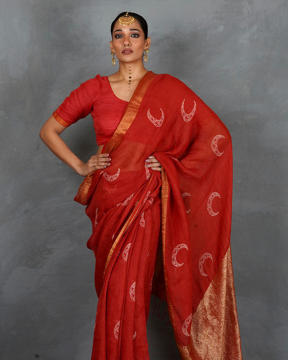 Taraani Red Handblock  Linen Saree - TARA