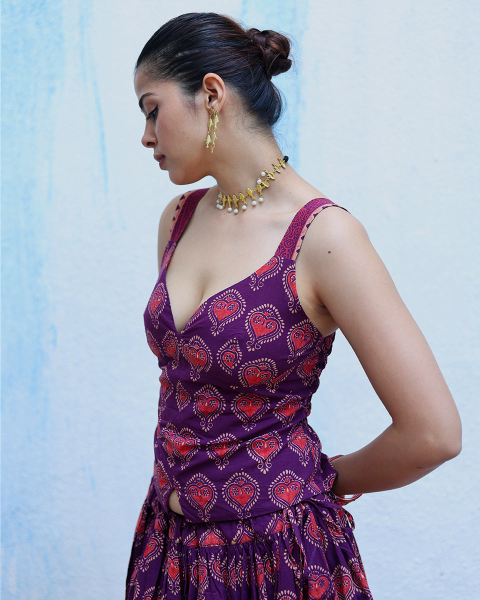 Tabaan Purple Handblock Print Cotton Blouse - RSH