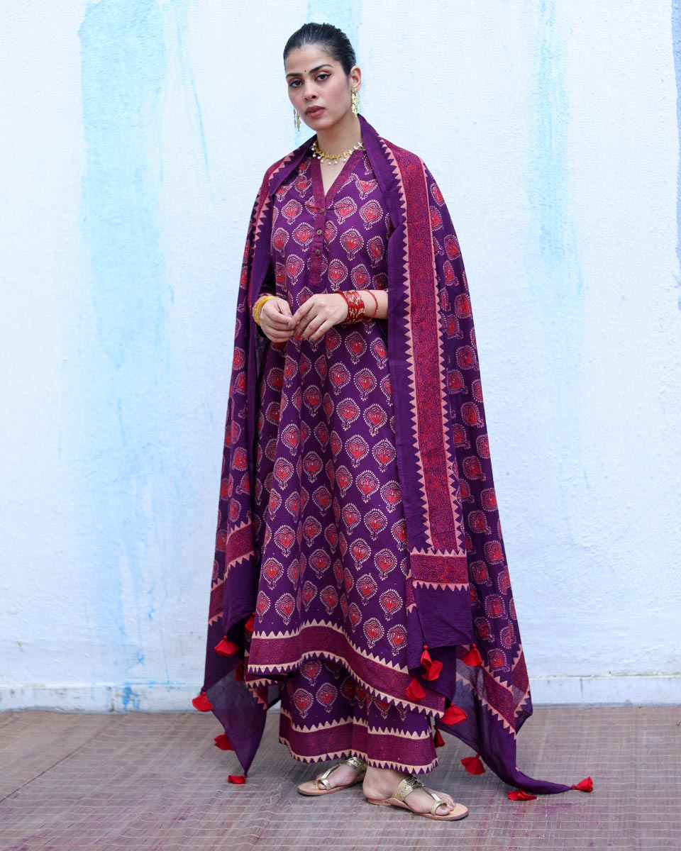 Ujwala Purple Handblock Print Cotton Dupatta - RSH