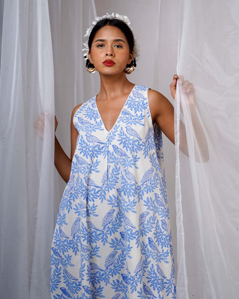 Megha White Hand Block Printed Dress-BAD