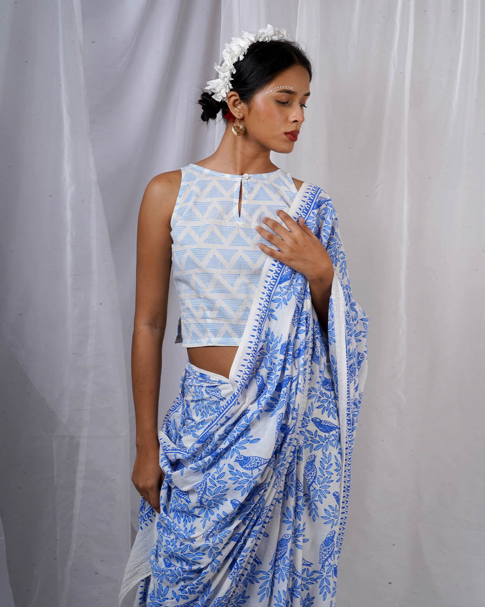 Rimi Ivory Hand Block Printed Saree-BAD