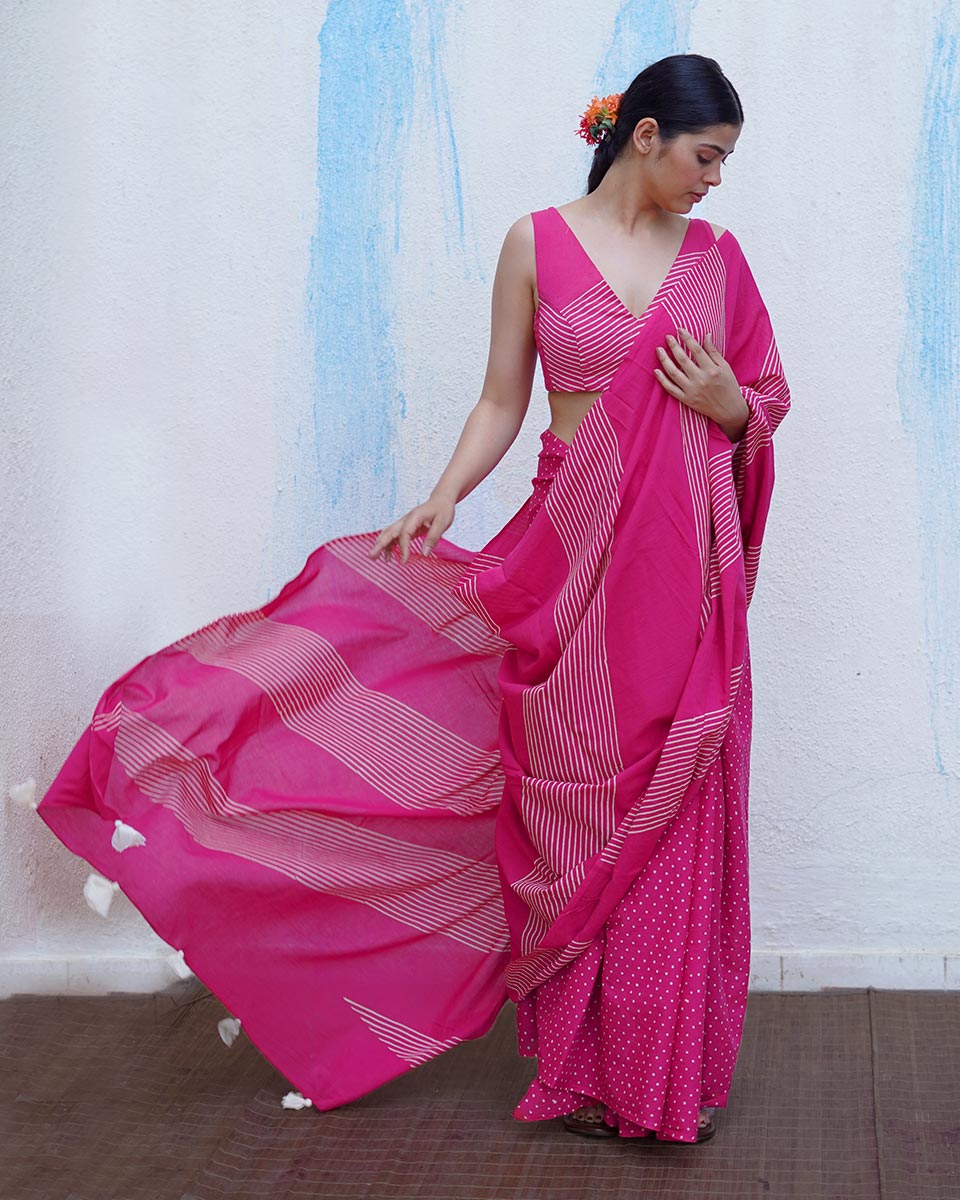 Koyal Pink Handblock Print Cotton Saree - BFG